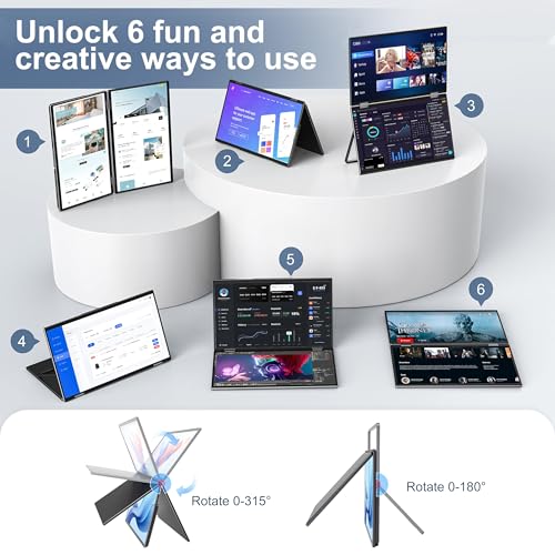 InnoView Dual Portable Monitor 15.6" 1920x1080 Dual Stacked Foldable Monitor | 315° Screen Adjustment | USB-C/HDMI Dual Screen Monitor for Laptop, Mac, Windows - size: 15.6 inch