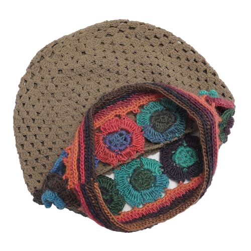 ZLYC Women Cotton Crochet Slouchy Beanie Hat Handmade Knit Summer Skull Cap | Lightweight breathable,boho casual chic look,travel photos festival party,café commute daily wear,beach concert gathering - color: Colorful Flower Tan