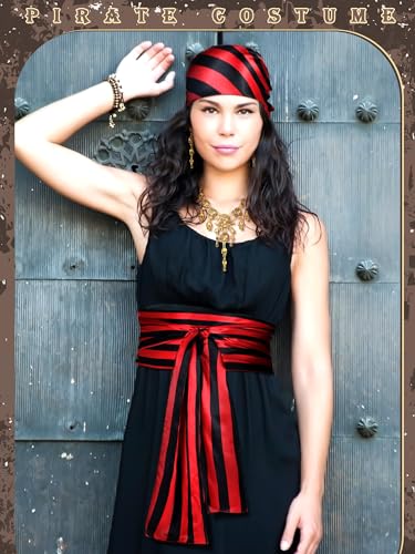 Fourluoo 4 Pieces Pirate Costume Accessories Women Pirate Hat Head Scarf Sash Belt Necklace Earrings Women Costume - size: Medium