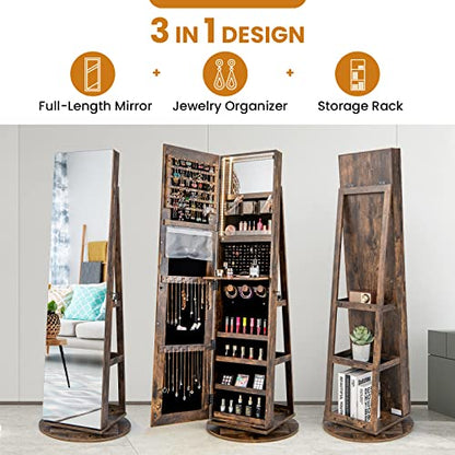 LOKO 360° Swivel Jewelry Cabinet, Lockable Jewelry Organizer (Rustic Brown) - color: Rustic Brown