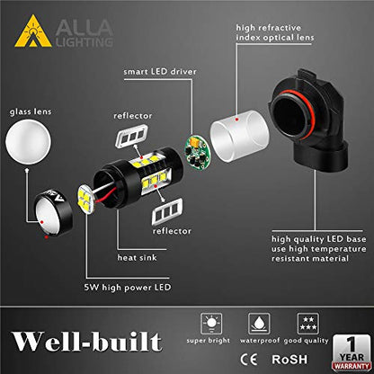 Alla Lighting Premium 80W 5201 DRL PS19W 5202 LED Fog Lights Bulbs Upgrade, 6000K Xenon White PG20-3 Base Extremely Super Bright 12V Lamps Replacement - size: 5201/5202/PS19W