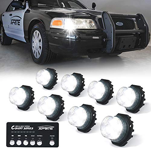 Xprite White LED Hideaway Strobe Lights Kit, 20 Flash Modes w/Control Panel Headlights Taillights Fog Light Interior Mounting for Construction Towing Snow Plow Pickup Work Trucks Cars 8 PCS - color: White, size: 8 pcs