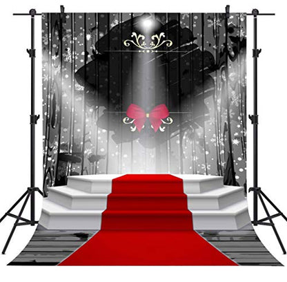 6x9ft Red Carpet Stage Photography Backdrop Snowflake Black Curtain Bowknot Spotlights Background Baby Children Adults Portraits Christmas Party Photo Booth Props LULF052