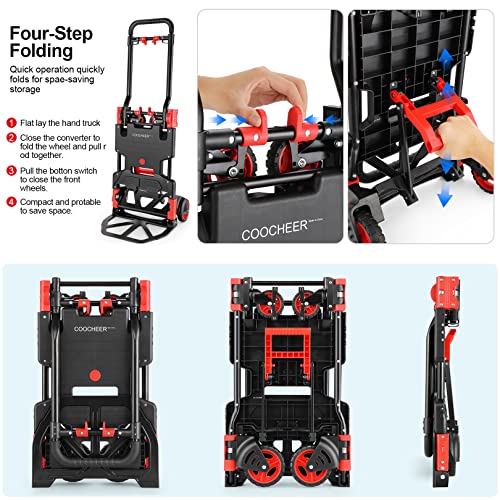Folding Hand Truck Dolly, 330lb Convertible 4 to 2 Wheel Moving Cart, Red | Dolly Cart with Retractable, Aluminum Alloy & Cast Iron Build, Nylon Wheels,Compact Fold,for Moving,Office,Delivery,Outdoor - size: 330LB