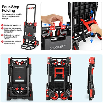 Folding Hand Truck Dolly, 330lb Convertible 4 to 2 Wheel Moving Cart, Red | Dolly Cart with Retractable, Aluminum Alloy & Cast Iron Build, Nylon Wheels,Compact Fold,for Moving,Office,Delivery,Outdoor - size: 330LB
