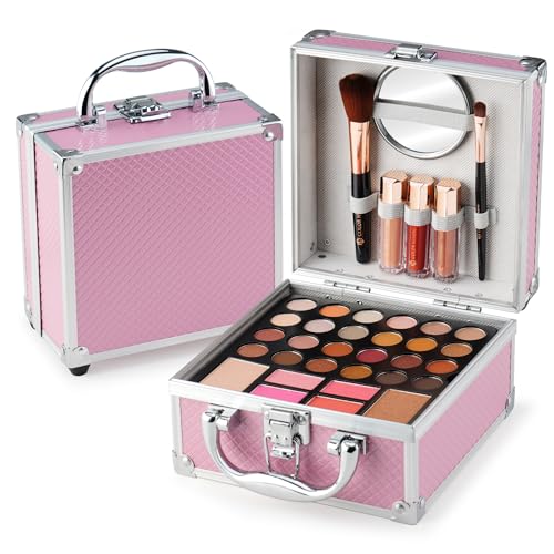 Color Nymph Beginner Makeup Kit For Teens With The Small Cosmetic Train Case Included 24-Colors Eyeshadow Palette Blushes Bronzer Highlighter Lipstick Brushes Mirror(Pink) - color: Pink