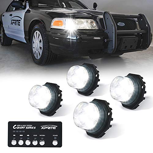 Xprite White LED Hideaway Strobe Lights Kit, 20 Flash Modes w/Control Panel Headlights Taillights Fog Light Interior Mounting for Construction Towing Snow Plow Pickup Work Trucks Cars 4 PCS - color: White, size: 4 pcs