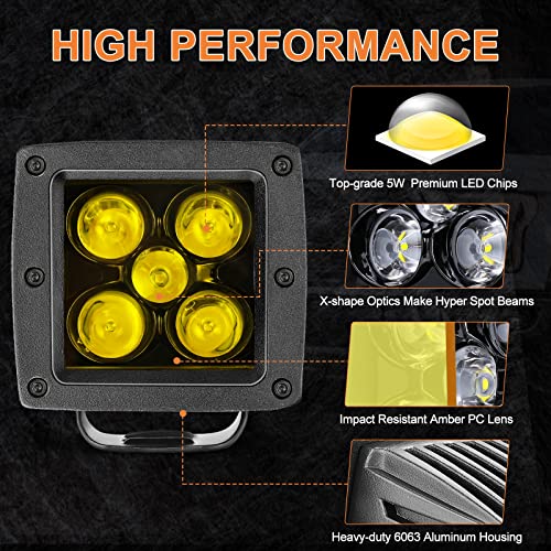 Amber LED Pods, RFROAD LIGHTING 2PCS 3Inch 100W Yellow Fog Lights Square Spot Beam LED Cubes for Truck Pickup Offroad Motorcycle UTV ATV SUV Front Bumper - color: 3 Inch Amber LED Pod Lights