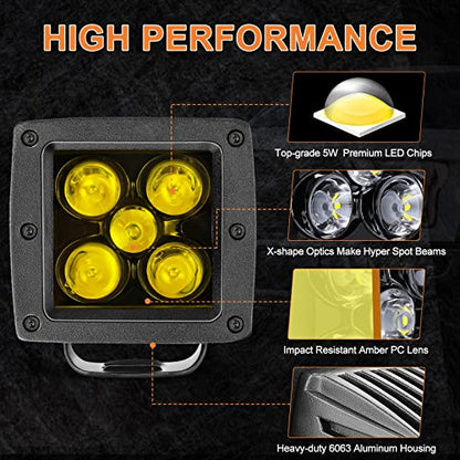 Amber LED Pods, RFROAD LIGHTING 2PCS 3Inch 100W Yellow Fog Lights Square Spot Beam LED Cubes for Truck Pickup Offroad Motorcycle UTV ATV SUV Front Bumper - color: 3 Inch Amber LED Pod Lights