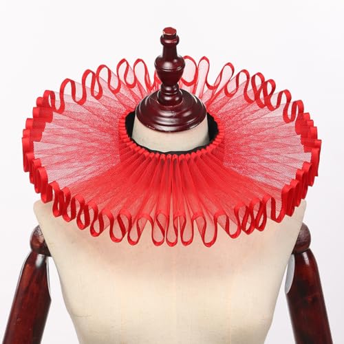 Renaissance Victorian Ruffle Collar and Wrist Cuffs Set Organza Colonial Clown Choker Neck Collar Cuff - color: Z Style a Red