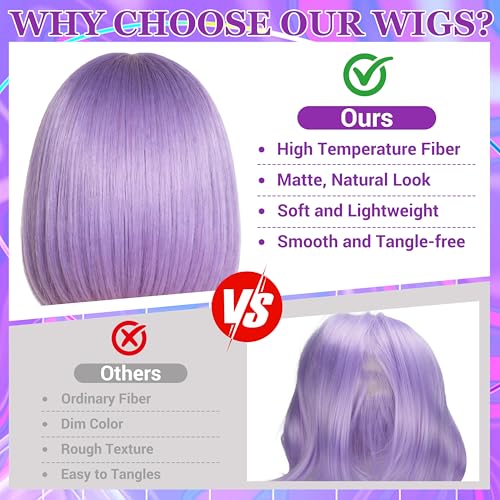 Short Bob Straight Hair Wigs with Bangs, Heat Resistant Fiber Hair, Heart-shaped Glasses for Women (Pink-Purple) - color: Pink-Purple