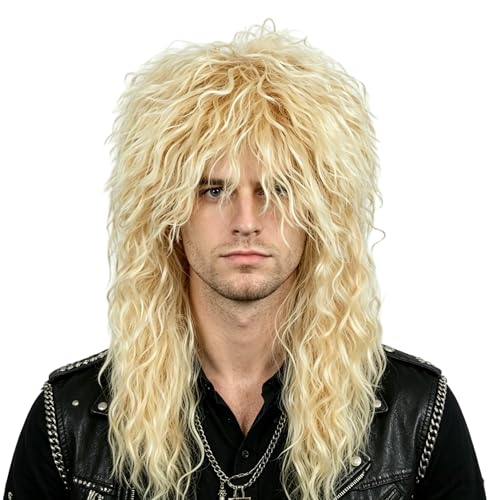 Topcosplay Blonde 80s Wig for Men or Women Mullet Wig Long Curly Rocker Punk Wigs - color: Blonde