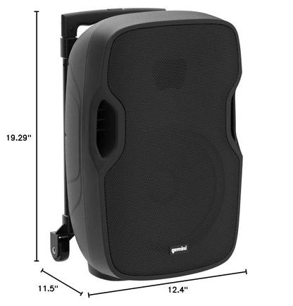 Gemini 10" Battery Bluetooth PA Speaker, 300 Watts (AS-10TOGO) | Battery PA with wheels, up to 10 hr - Bluetooth, USB, SD, FM, AUX - mic & guitar inputs, onboard EQ - size: 10 in