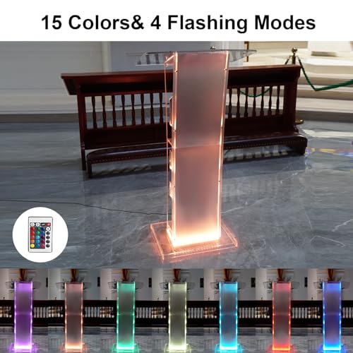 Acrylic Podium Stand, Ultra Clear 43'' Pulpits for Churches with 15 Color Adjustable, Modern Lectern with Storage Sheld for Church,Conference,Speech,Classroom, 23.62”x 15.75”X 43.3”