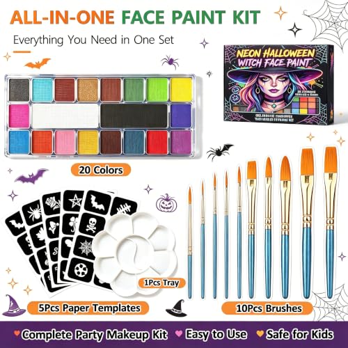 Face Paint,20 Colors Face Paint - Face Painting Kit,Water Based Face Painting Kit for Kids Party with 10 Brushes 5 Sticker Stencils and Paint Tray, Body Paint for Kids and Adults Halloween Makeup