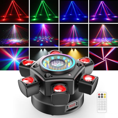 Moving Head DJ Lights,5 in 1 Stage Party Lights with RGBW Halo Ring 6 Arms Beam,Red Green Starry,Pattern White & Amber Strobe Effects,Sound Activated DMX512 & Remote for Disco Club Wedding Bar - color: 1-PACK