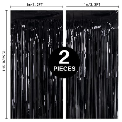 PIGETALE 2 Pack Black Foil Fringe Backdrop, 3.2 x 8.2 ft | Thicker 23 Micron PET with Vivid Black Shine for Doors Walls and Party Photo Areas - color: Black