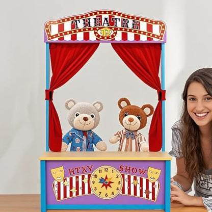 WodGod Wooden Puppet Theater, Puppet Theater with Curtains for Tabletop Drama Performance, Role-Playing,Great for Shows, Events and Pretend Play, Portable