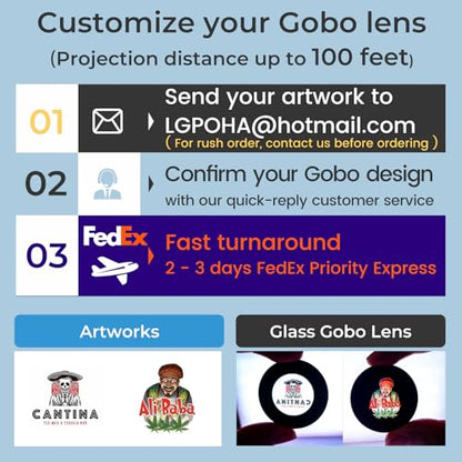 100W Custom Logo GOBO Outdoor Projector for Business, Fast Turnaround Time | Free Glass Lens, Project Range up to 100ft, IP65 Waterproof, Dual Cooling System, Rotational, Remote Control, Indoor/Outdoor - size: 100W