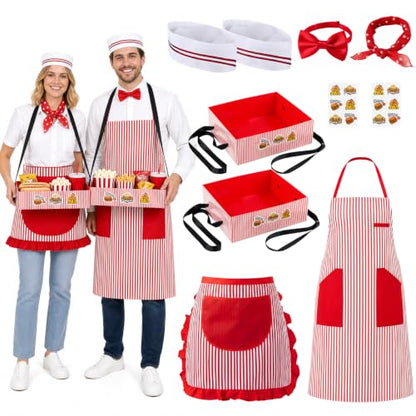 Adult 1950s Waiter Costume Kit for Men Women | Movie Night Worker Costume Set with Red & White Striped Apron Hat Bow Tie Polka-dot Scarf for Halloween 1950s Party Cosplay - color: Red - 10pcs