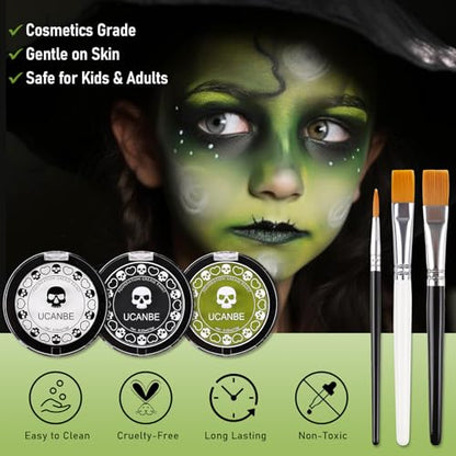 White Foundation + Black Green Face Body Paint with Painting Brushes Halloween Makeup Set, Kids Adults Facepaint Kit for Witch Monster Grinch Shrek Hulk Alien Special Effects Make Up Cosplay Party - color: Black+White+Ogre Green