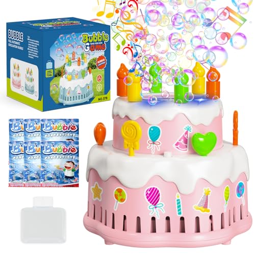 Panamalar Birthday Cake Bubble Machine, Automatic Bubble Blower Machine for Kids Toddlers with Music/Lights/Solution,10000+ Bubble/Min 13 Holes Bubble Maker Toys for Outdoor Birthday Wedding Gift - color: Pink