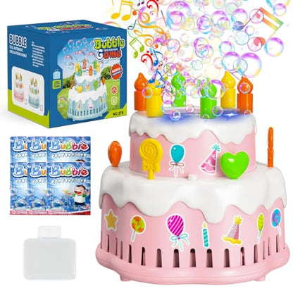 Panamalar Birthday Cake Bubble Machine, Automatic Bubble Blower Machine for Kids Toddlers with Music/Lights/Solution,10000+ Bubble/Min 13 Holes Bubble Maker Toys for Outdoor Birthday Wedding Gift - color: Pink