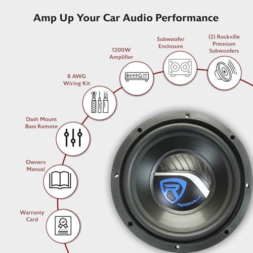 Rockville RV12.2B Dual 12" Car Subwoofer Enclosure with Mono Amplifier | 1200W Peak / 400W RMS, CEA Rated, 8 AWG Wiring Kit, Ported 15 Degree Cabinet, Bass Knob