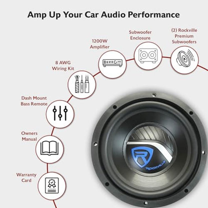 Rockville RV12.2B Dual 12" Car Subwoofer Enclosure with Mono Amplifier | 1200W Peak / 400W RMS, CEA Rated, 8 AWG Wiring Kit, Ported 15 Degree Cabinet, Bass Knob