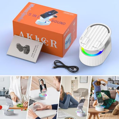 AKLLCCR Wireless Induction Audio Bluetooth Speaker 5in1 Phone Holder Emergency Rechargeable (3000mAh) with Colorful Ambient Light 300° Foldable for Tablet iPhone Android, Gifts for Men Women (White) - color: White