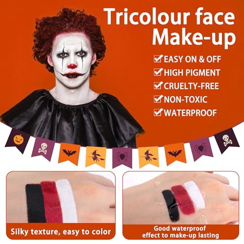 3 Set Black White Red Face Body Paint, 3-Color Joker Face Body Paint | Clown Makeup Kit with Sponge and Brush, Halloween Cosplay Costume Makeup Set for Special Effect Party Supplies - color: Red,black & white