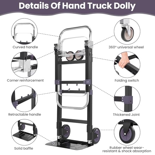3-in-1 Folding Hand Truck, 600lb Convertible 4 to 2 Wheel Dolly Cart Black | For home office warehouse garage farm gym, carbon steel frame, base expands 35-44in, swivel rubber wheels, folds flat - color: Black