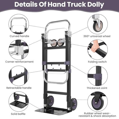 3-in-1 Folding Hand Truck, 600lb Convertible 4 to 2 Wheel Dolly Cart Black | For home office warehouse garage farm gym, carbon steel frame, base expands 35-44in, swivel rubber wheels, folds flat - color: Black