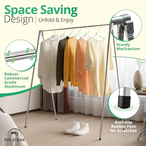 FOL-D-RAK Portable Clothing Rack, Folding Garment Rack with Carry Bag-no Assembly, lightweight 4 LB. Aluminum, 60 LB. Capacity-Travel, Closet, Retail, Trade Show, Dance Recital