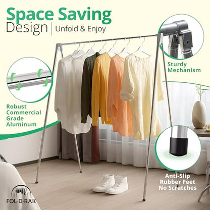 FOL-D-RAK Portable Clothing Rack, Folding Garment Rack with Carry Bag-no Assembly, lightweight 4 LB. Aluminum, 60 LB. Capacity-Travel, Closet, Retail, Trade Show, Dance Recital