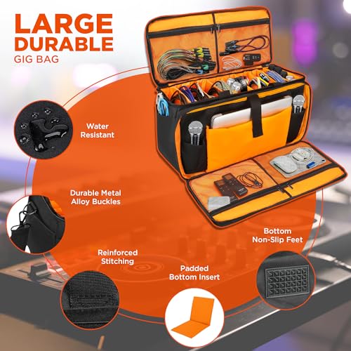 Large DJ Cable Bag Organizer, Gig Bag Padded Dividers, Laptop, Travel DJ Mixer for Musicians, Cord File, Microphone, Music Accessories