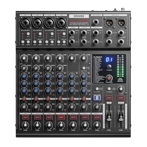 Donner DAM1000 10-Channel Analog DJ Audio Mixer Sound Board, with 4 Premium LAXY-PRE Microphone, 48V Phantom Power Preamps, BT 5.3, 48kHz 24Bit Sample Rate