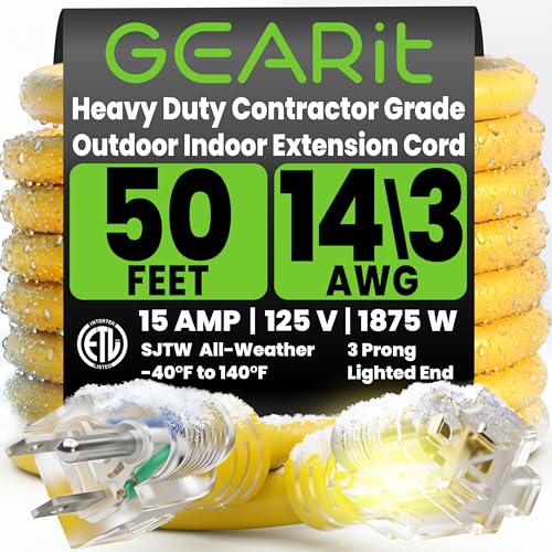 GEARit 50 ft Heavy Duty Outdoor Extension Cord, 14/3 SJTW, 14 AWG Lighted - size: 14 AWG Gauge, style: 50 Feet (SJTW Rated)