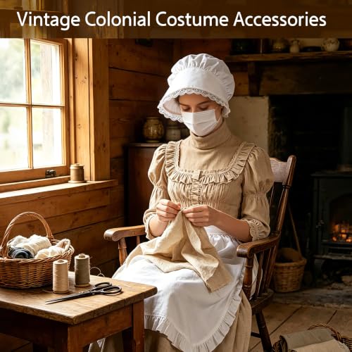 2Pcs Women Vintage Colonial Costume Accessory Set, White Bonnet & Waist Apron, Pioneer Amish Pilgrim Cosplay Outfit for Adult Halloween Renaissance Fair