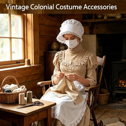 2Pcs Women Vintage Colonial Costume Accessory Set, White Bonnet & Waist Apron, Pioneer Amish Pilgrim Cosplay Outfit for Adult Halloween Renaissance Fair