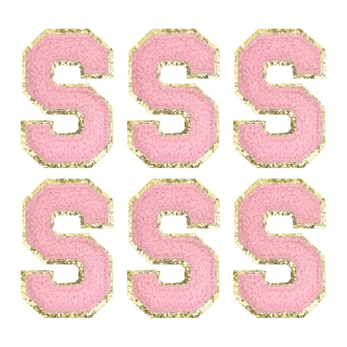 MECCANIXITY Chenille Letter Patches 2.2" Self Adhesive Alphabet S Stick on Embroidered Patch Sew on Letter Stickers Applique for Repairing Clothing Jeans Shoes Hats DIY(Pink, Pack of 6) - style: Letter-S