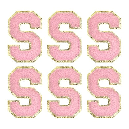 MECCANIXITY Chenille Letter Patches 2.2" Self Adhesive Alphabet S Stick on Embroidered Patch Sew on Letter Stickers Applique for Repairing Clothing Jeans Shoes Hats DIY(Pink, Pack of 6) - style: Letter-S