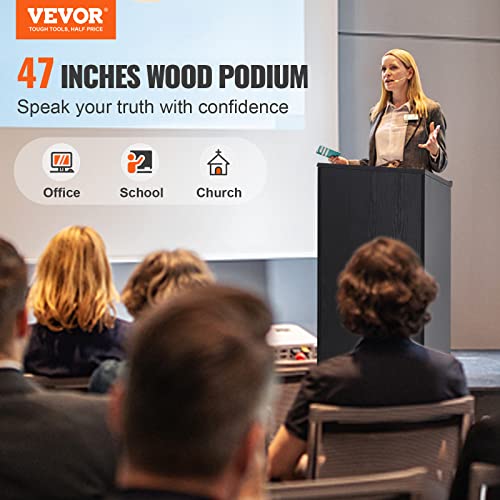 VEVOR Podium Stand, 47-inch Mobile Lectern with 4 Casters, Wooden Presentation Stand with Shelves, Angled Top, for Church, Office, School, Home Use, Black - color: Black