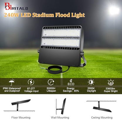 240W LED Stadium Flood Lights Outdoor 36000LM Super Bright | Yoke Wall Mount with Adjustable Bracket Parking Lot Floodlights 5000K 100V-277V Commercial IP65 Waterproof Black Arena Lamp - size: Large/240-1