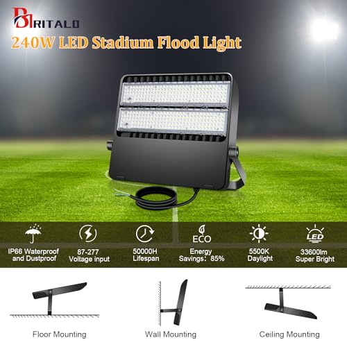 240W LED Stadium Flood Lights Outdoor 36000LM Super Bright | Yoke Wall Mount with Adjustable Bracket Parking Lot Floodlights 5000K 100V-277V Commercial IP65 Waterproof Black Arena Lamp - size: Large/240-1