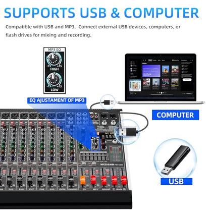 12 Channel Audio Mixer Professional Sound Mixing Board with 99 DSP Effects, 7-band EQ Digital DJ Mixer Console w/USB Bluetooth MP3 for Recording, Independent 48V Power & Mute Button - size: 12 Channel - 17.9inch