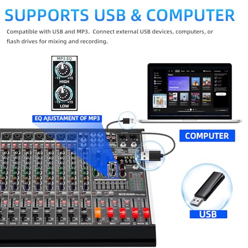 12 Channel Audio Mixer Professional Sound Mixing Board with 99 DSP Effects, 7-band EQ Digital DJ Mixer Console w/USB Bluetooth MP3 for Recording, Independent 48V Power & Mute Button - size: 12 Channel - 17.9inch