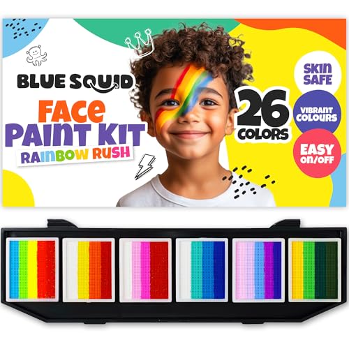 Blue Squid Face Painting Kit for Kids – 60g/2.12oz Split Cake Face Paint Palette, One Stroke Rainbow Colors, with Brushes & Stencils - Non-Toxic, Water Activated - Kids Party & Halloween Makeup Kit - color: Rainbow Split Cake