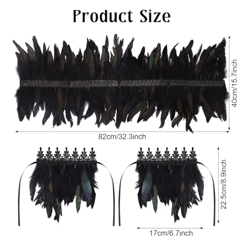 2Pcs Witch Feather Shawl Wrist Cuff for Women | Gothic Crow Shrug Shawl, for Halloween, Feather Costume Accessories - color: Black