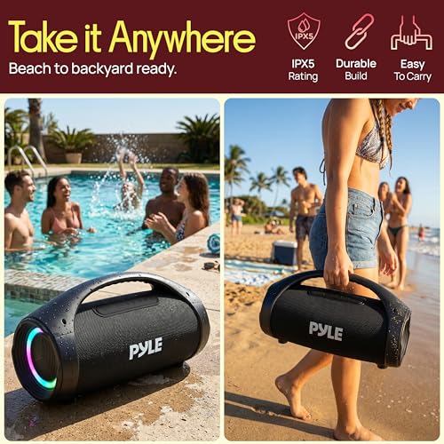 Pyle Portable Bluetooth Boombox Speaker - 100W Peak Power, 19H Battery, FM Radio, USB Playback, Aux in, TWS Pairing - Use for Home, Outdoor, Travel - LED Lights - Sturdy Carry Handle - PBTPSPWP25BK